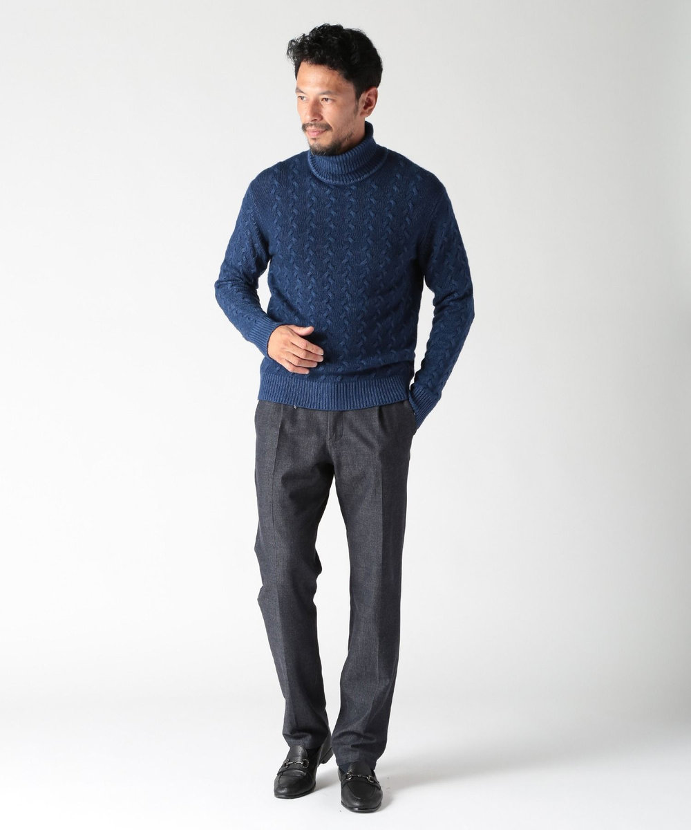 MEN'S BIGI 5ゲージスノー加工ケーブルタートルネックセーター ブルー