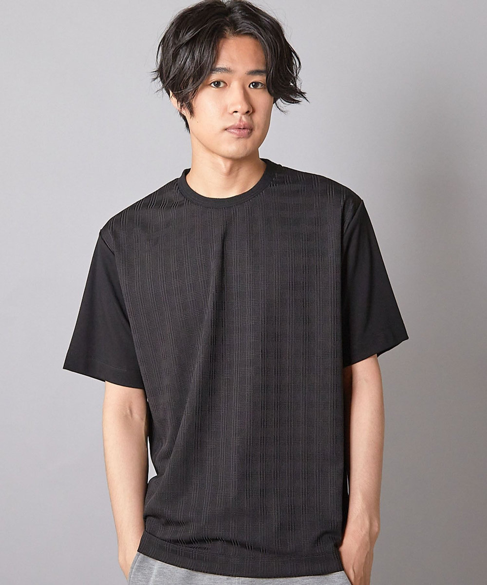 UNION STATION チェックジャガード×袖ポンチ 異素材Tシャツ ブラック