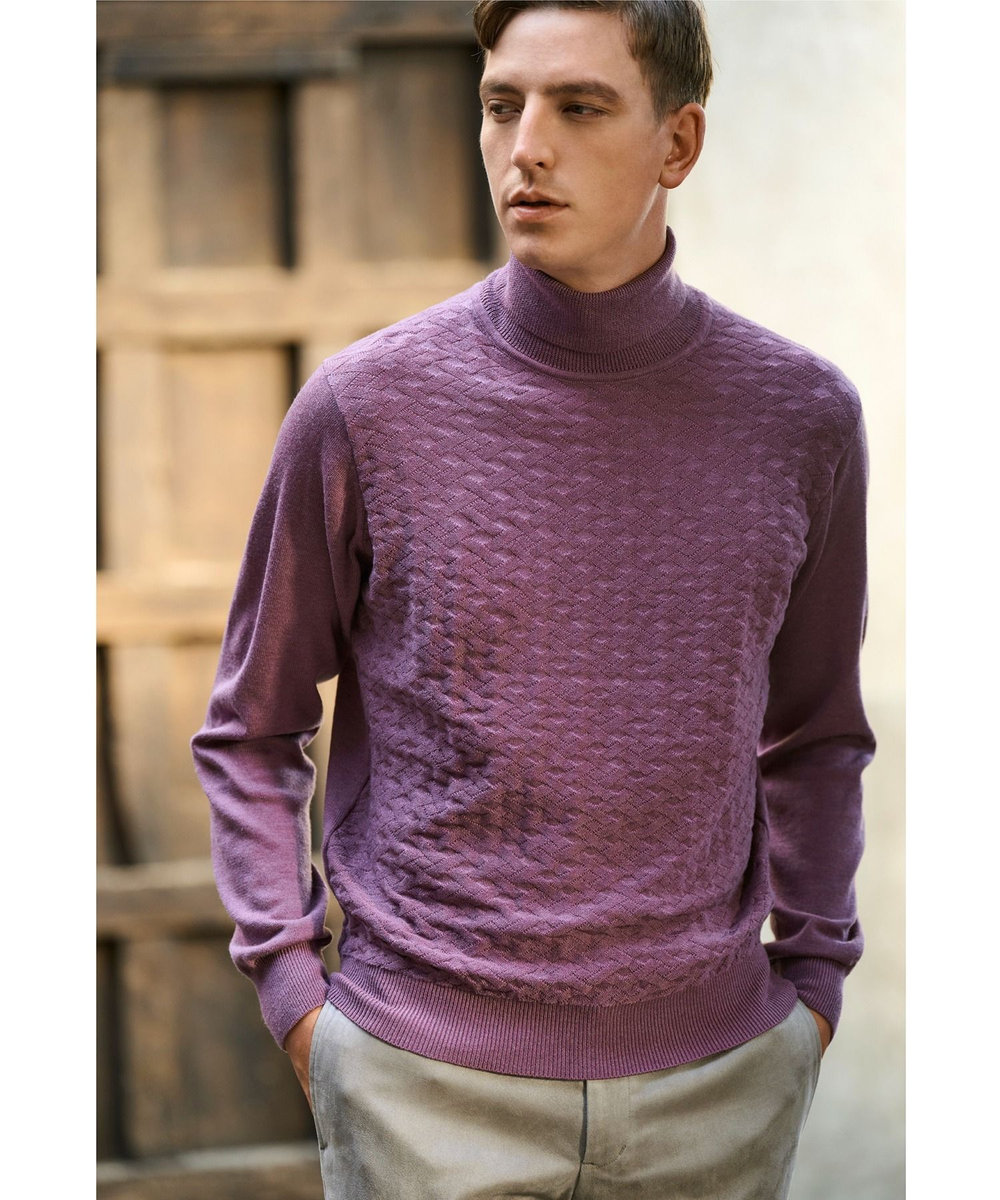 MEN'S BIGI ランダムヘリンボン編み12Gジャカードハイネックニット パープル系その他