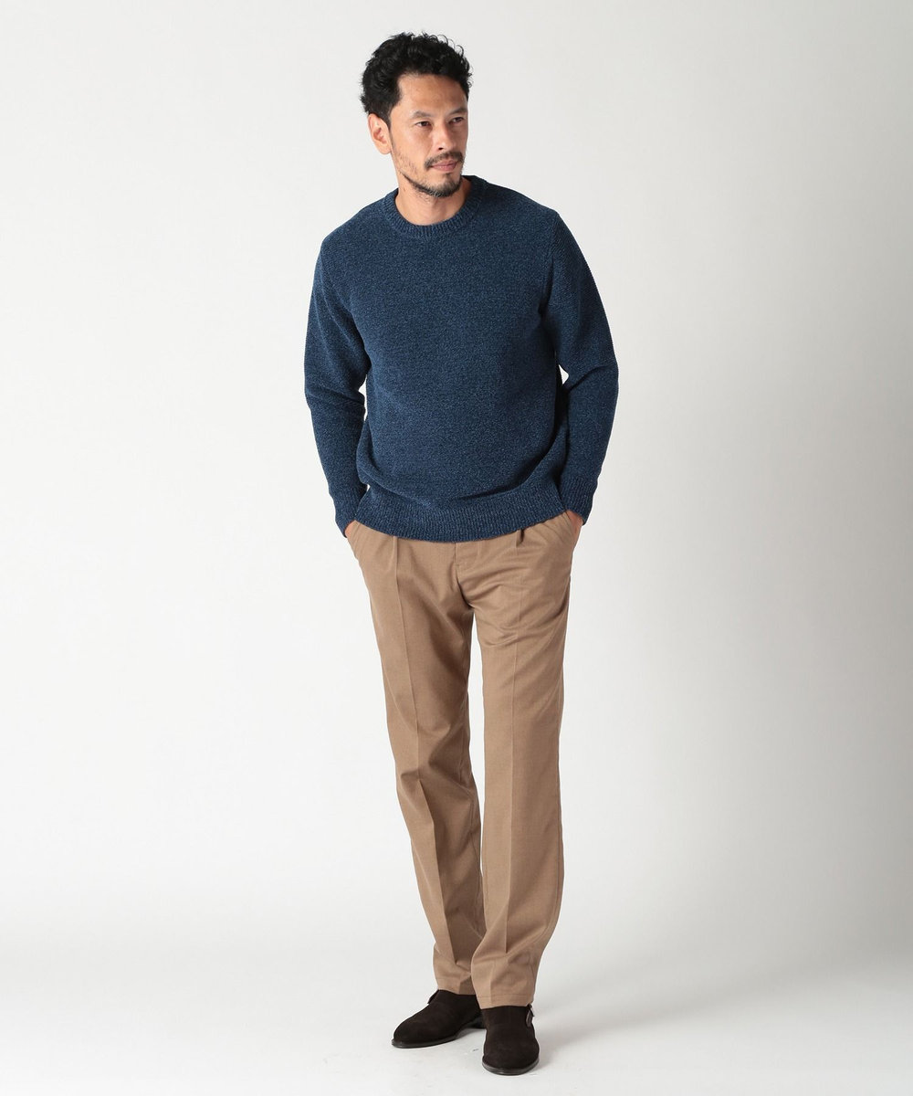 MEN'S BIGI 7G撚糸モールガータークルーネックニット ブルー