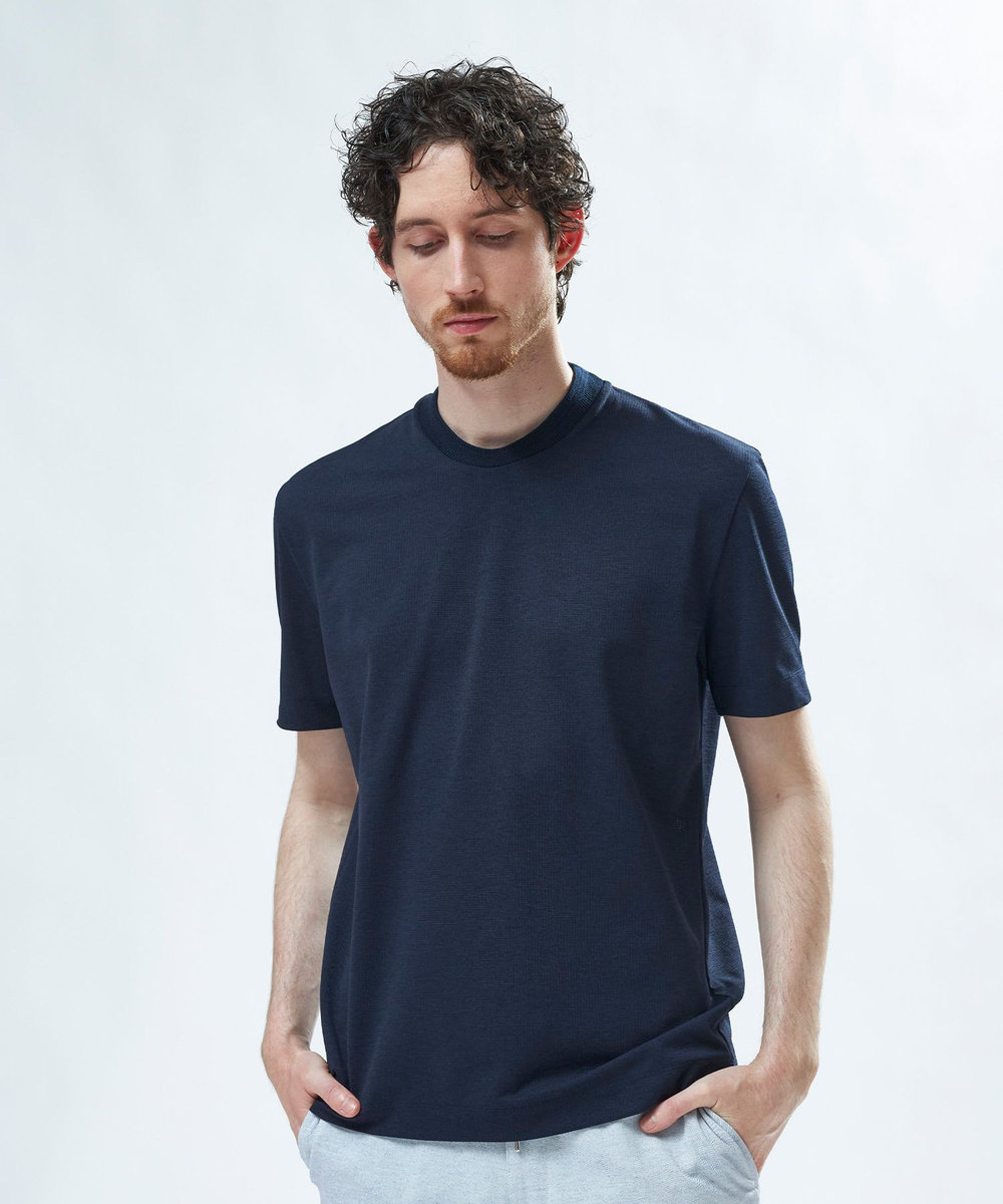MEN'S BIGI 東レPrimeflex 麻調ドットメッシュ クルーネックTシャツ＜吸水速乾/通気性＞ ネイビー