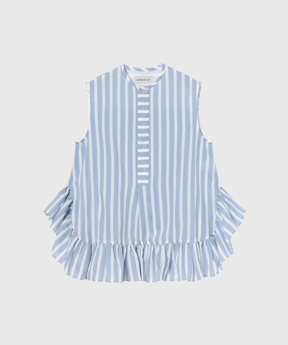 DÉPAREILLÉ COTTON SILK BORDER SLEEVELESS BLOUSE / コットンシルクボーダースリーブレスブラウス ブルー