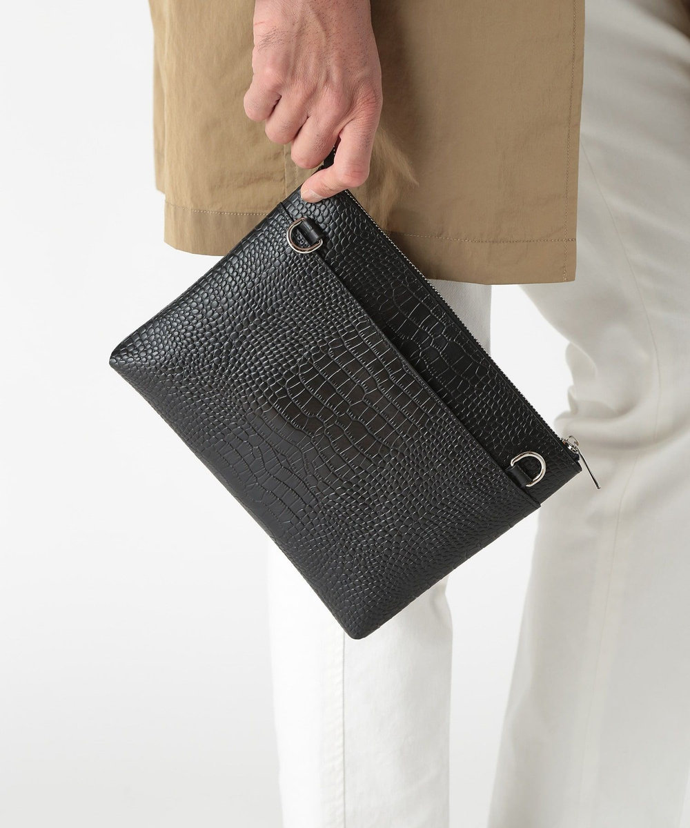 MEN'S BIGI クロコ風レザー横型マルチクラッチバッグ ブラック