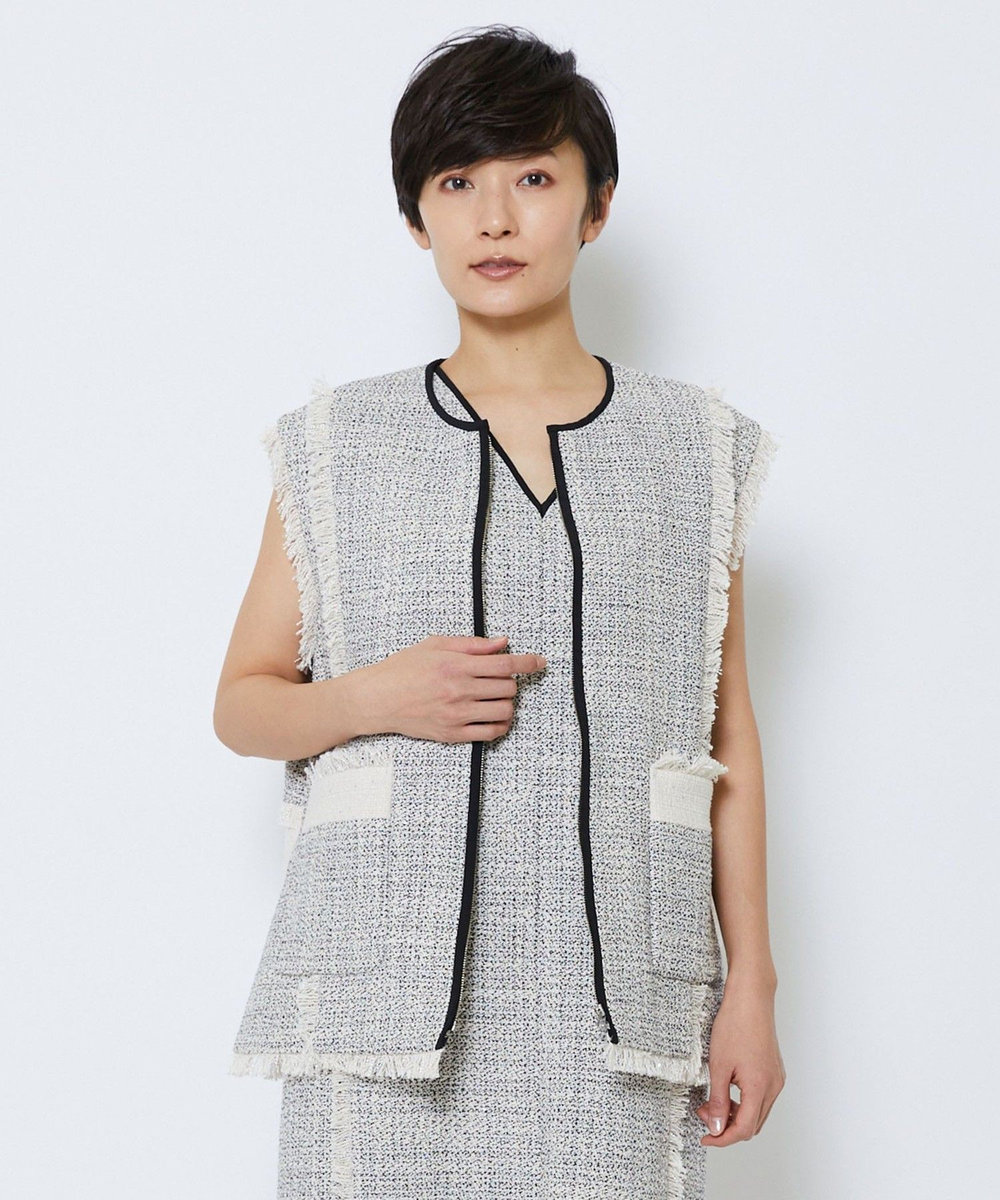 MOGA Collection MOGA Collection スパンコールツイードジップアップジレ ホワイト×ブラック