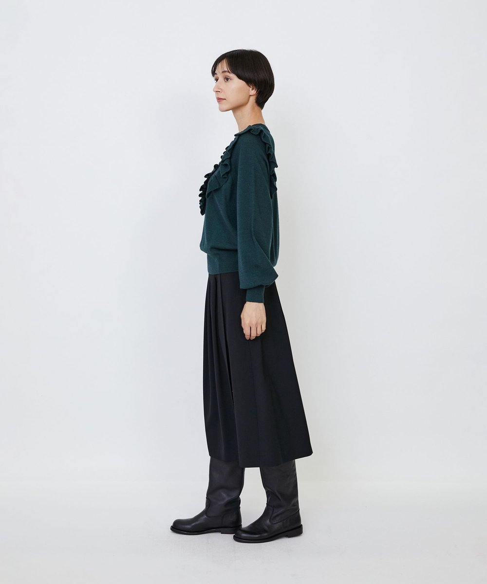 LOISIR ウール梳毛天竺フリルプルオーバー グリーン