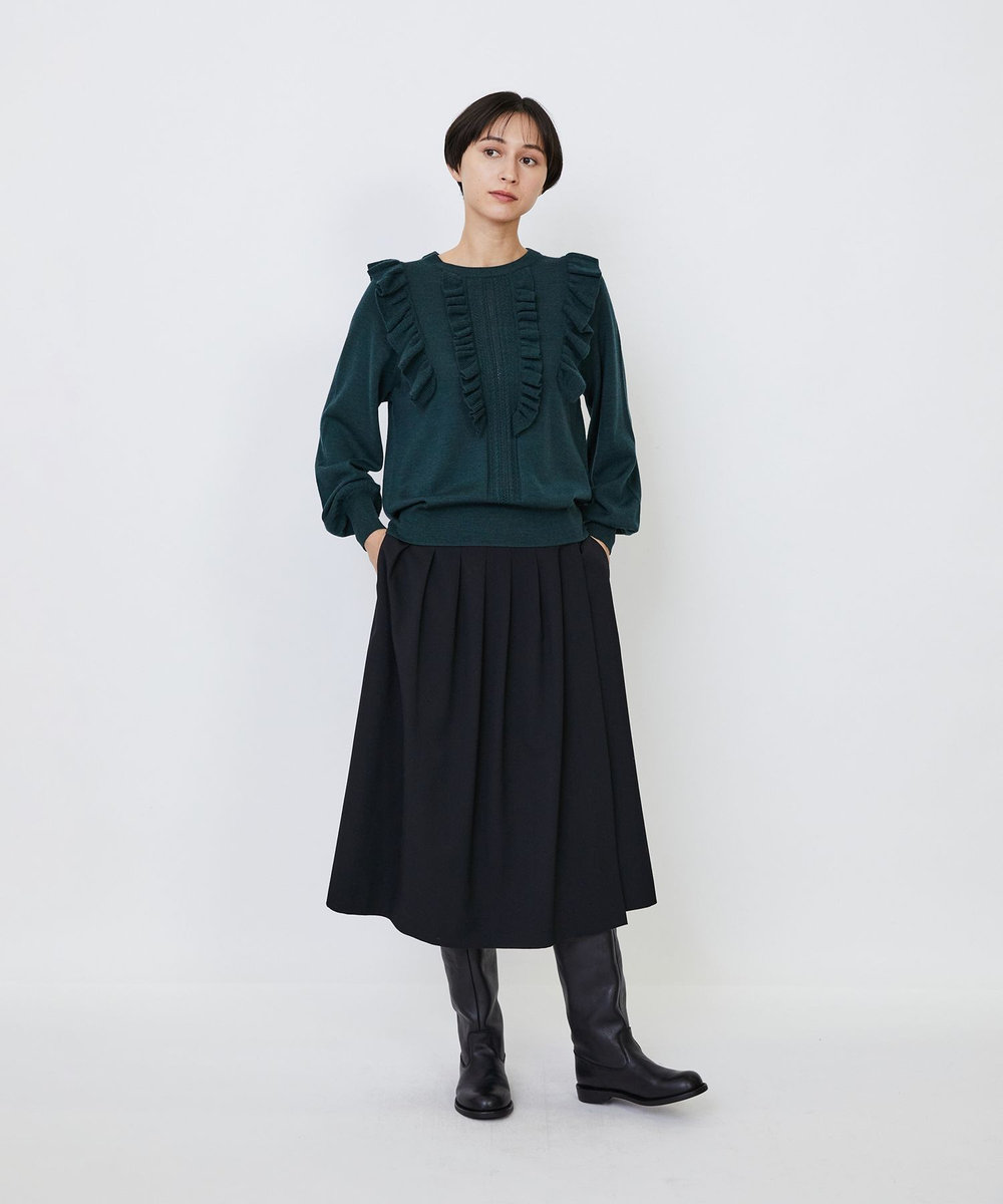 LOISIR ウール梳毛天竺フリルプルオーバー グリーン