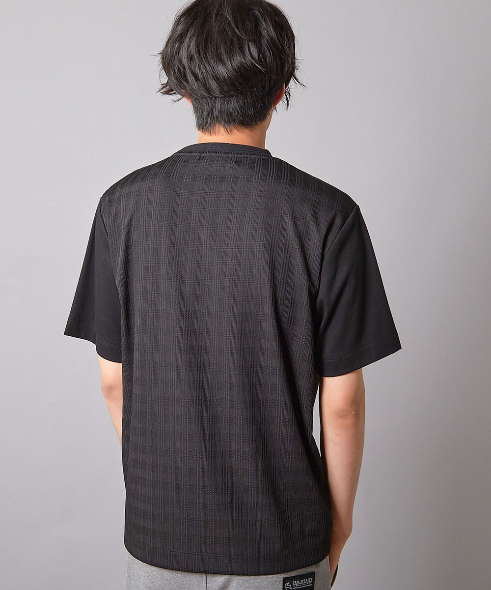 UNION STATION チェックジャガード×袖ポンチ 異素材Tシャツ ブラック