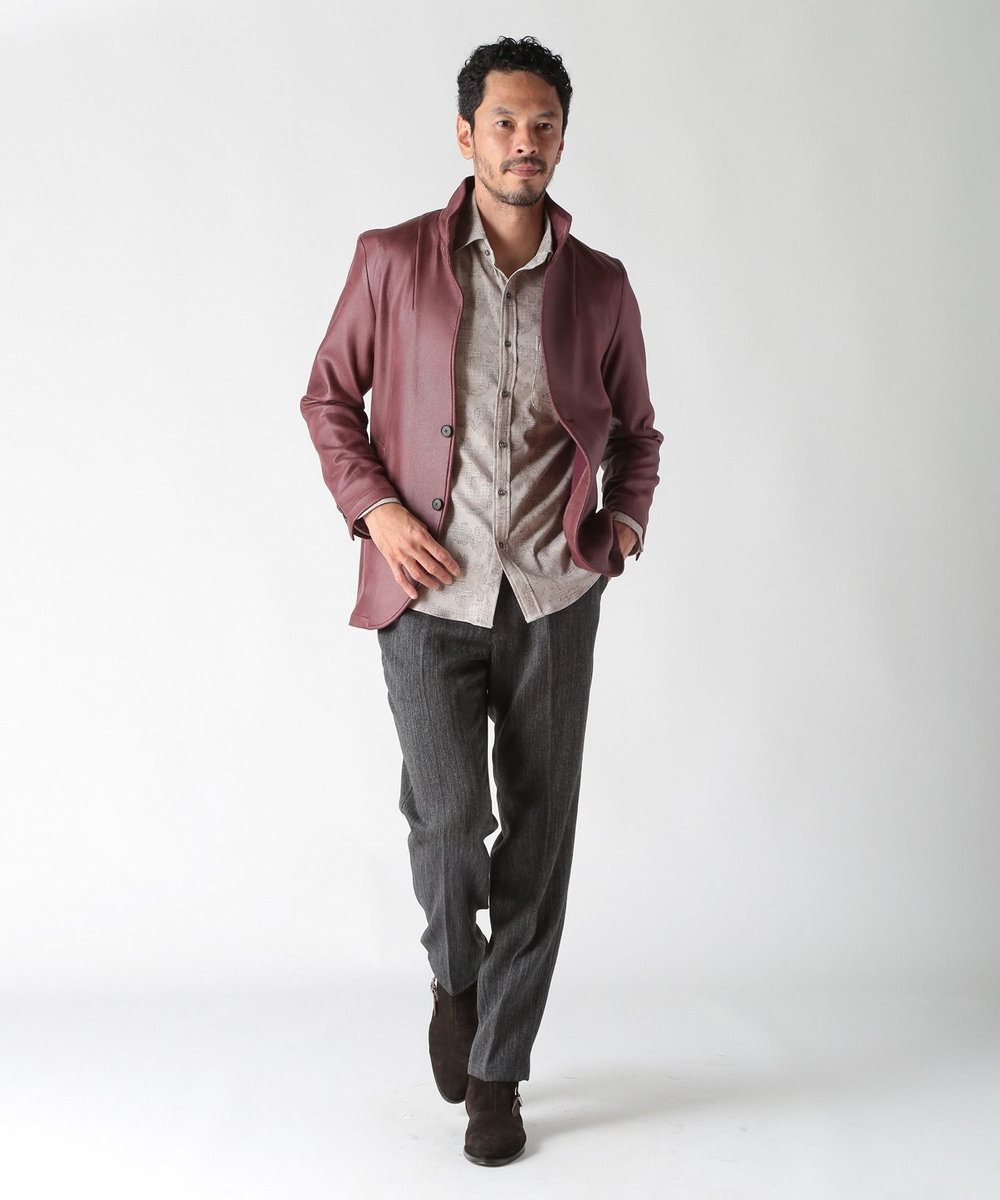 MEN'S BIGI レザー調ダンボールジャージスタンドカラージャケット ボルドー