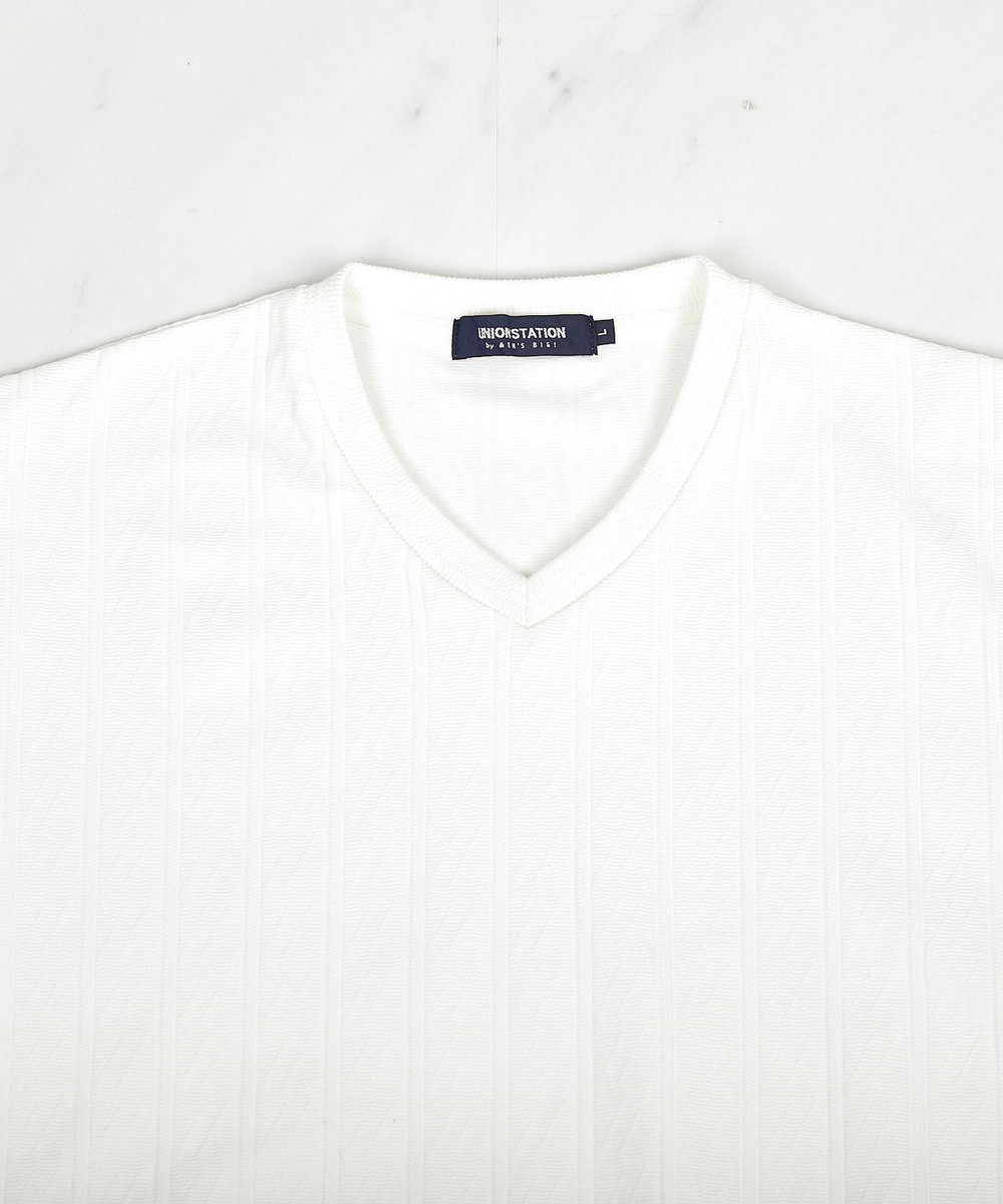UNION STATION ストライプウェーブジャガード VネックTシャツ ホワイト