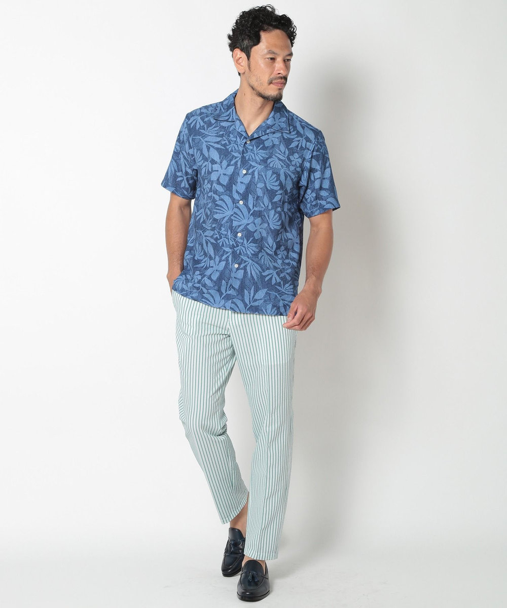 MEN'S BIGI オリジナルボタニカルプリント開襟シャツ ブルー