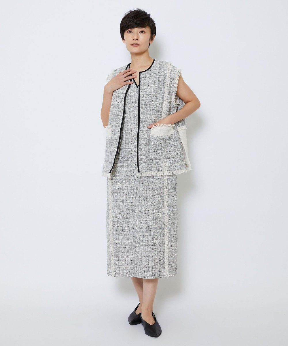 MOGA Collection MOGA Collection スパンコールツイードジップアップジレ ホワイト×ブラック