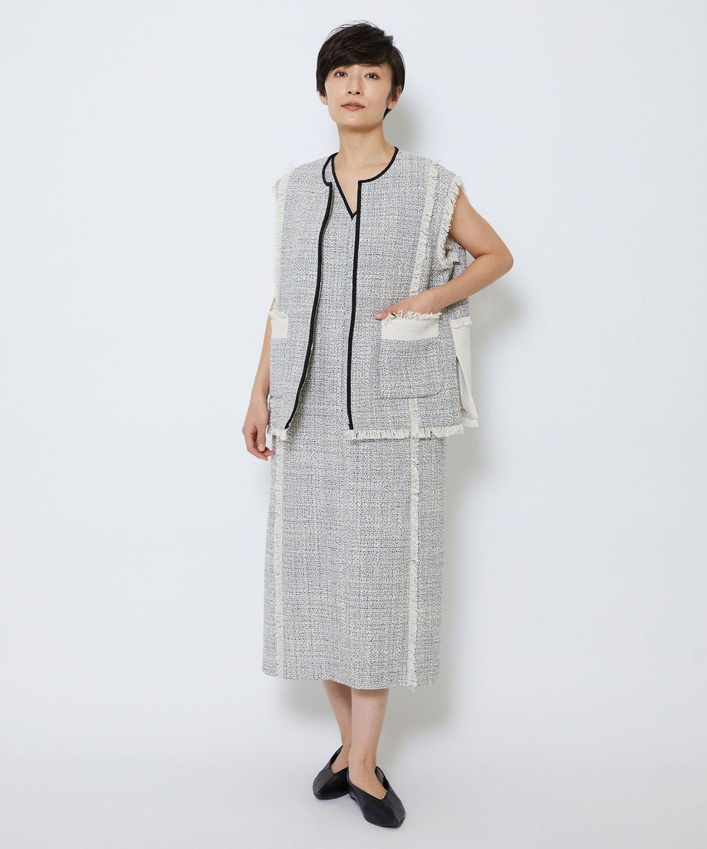 MOGA Collection MOGA Collection スパンコールツイードジップアップジレ ホワイト×ブラック