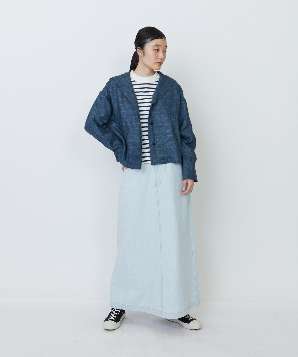 LOISIR リネンガーゼチェックセーラーカラーライトジャケット ブルー系その他