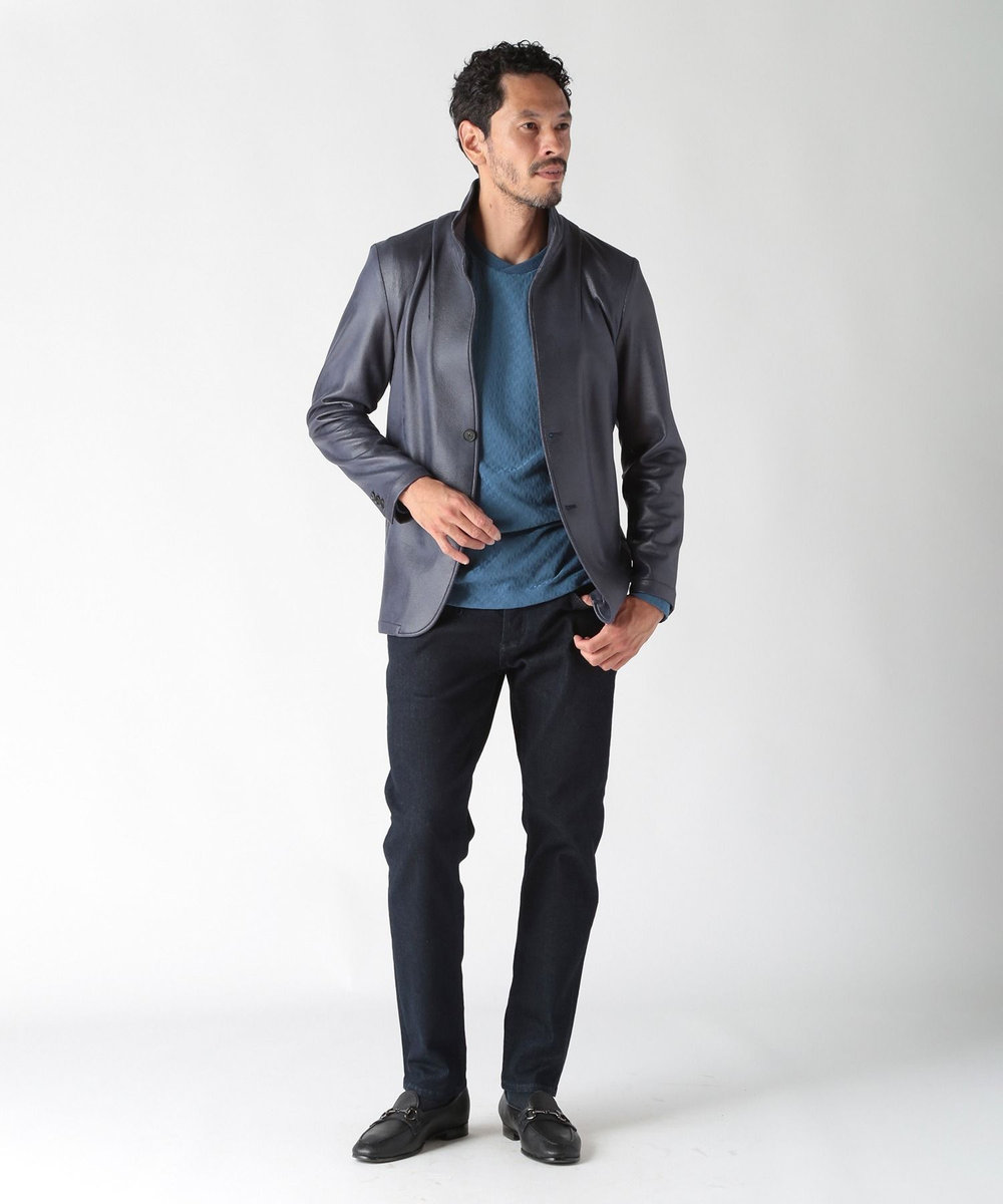 MEN'S BIGI レザー調ダンボールジャージスタンドカラージャケット ネイビー