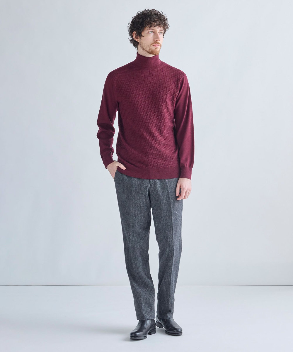 MEN'S BIGI 12Gメリノウール 幾何学柄タートルネックニット ボルドー