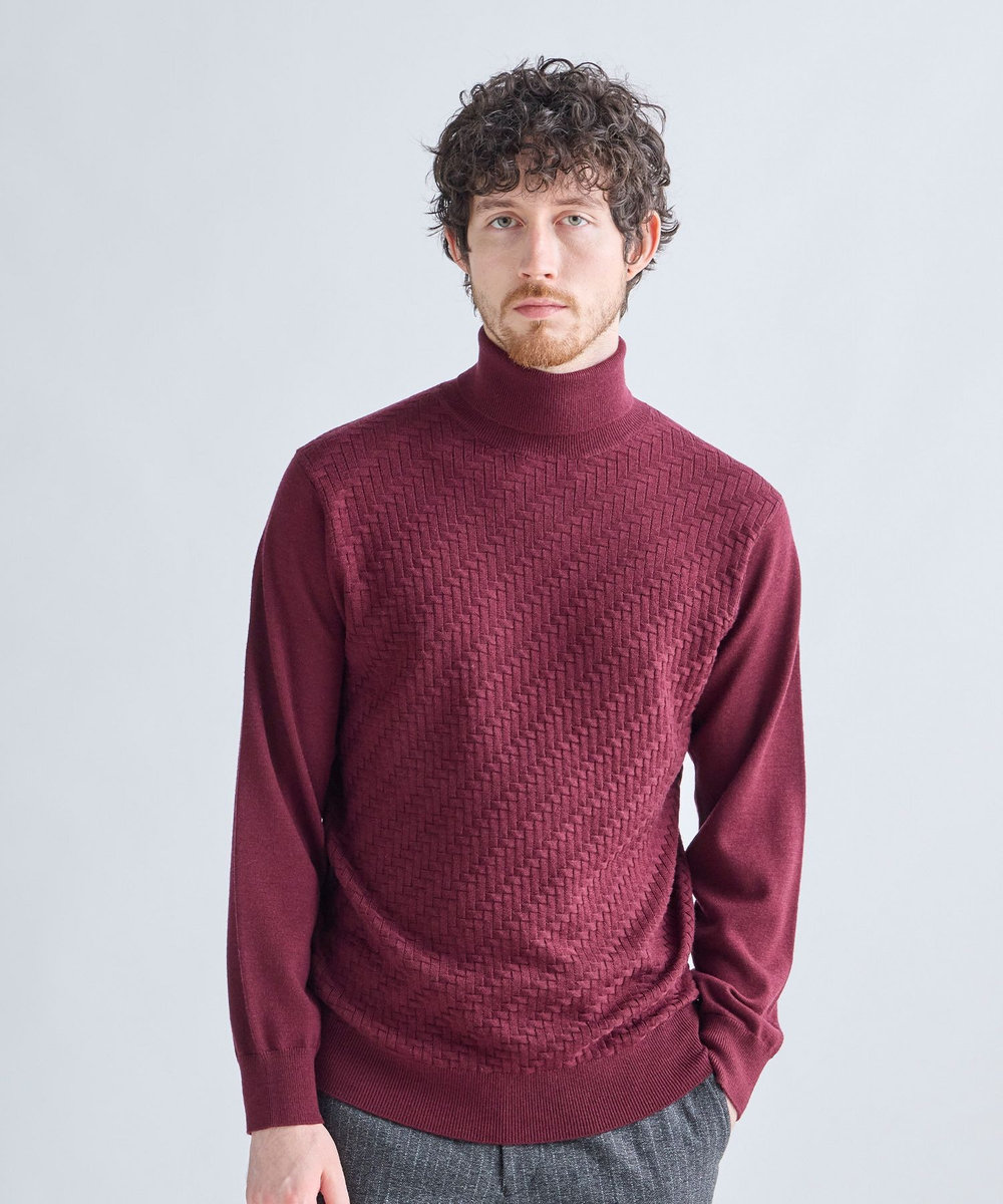 MEN'S BIGI 12Gメリノウール 幾何学柄タートルネックニット ボルドー