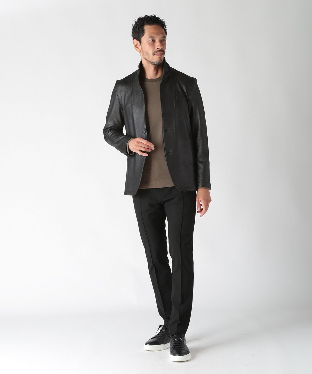 MEN'S BIGI レザー調ダンボールジャージスタンドカラージャケット ブラック