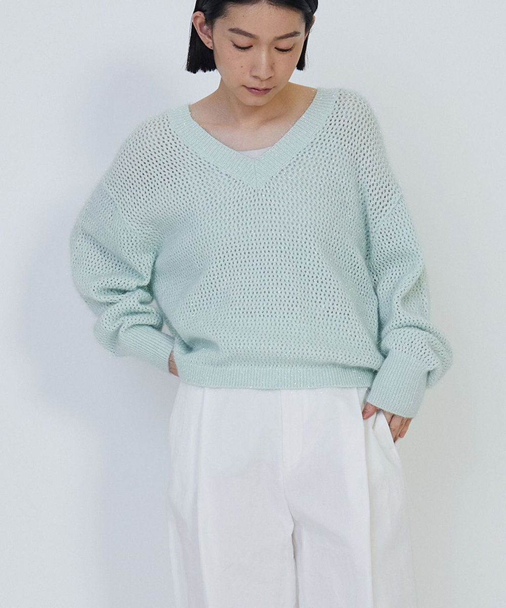 1er Arrondissement スパークルメッシュＶネックニットプルオーバー ミント
