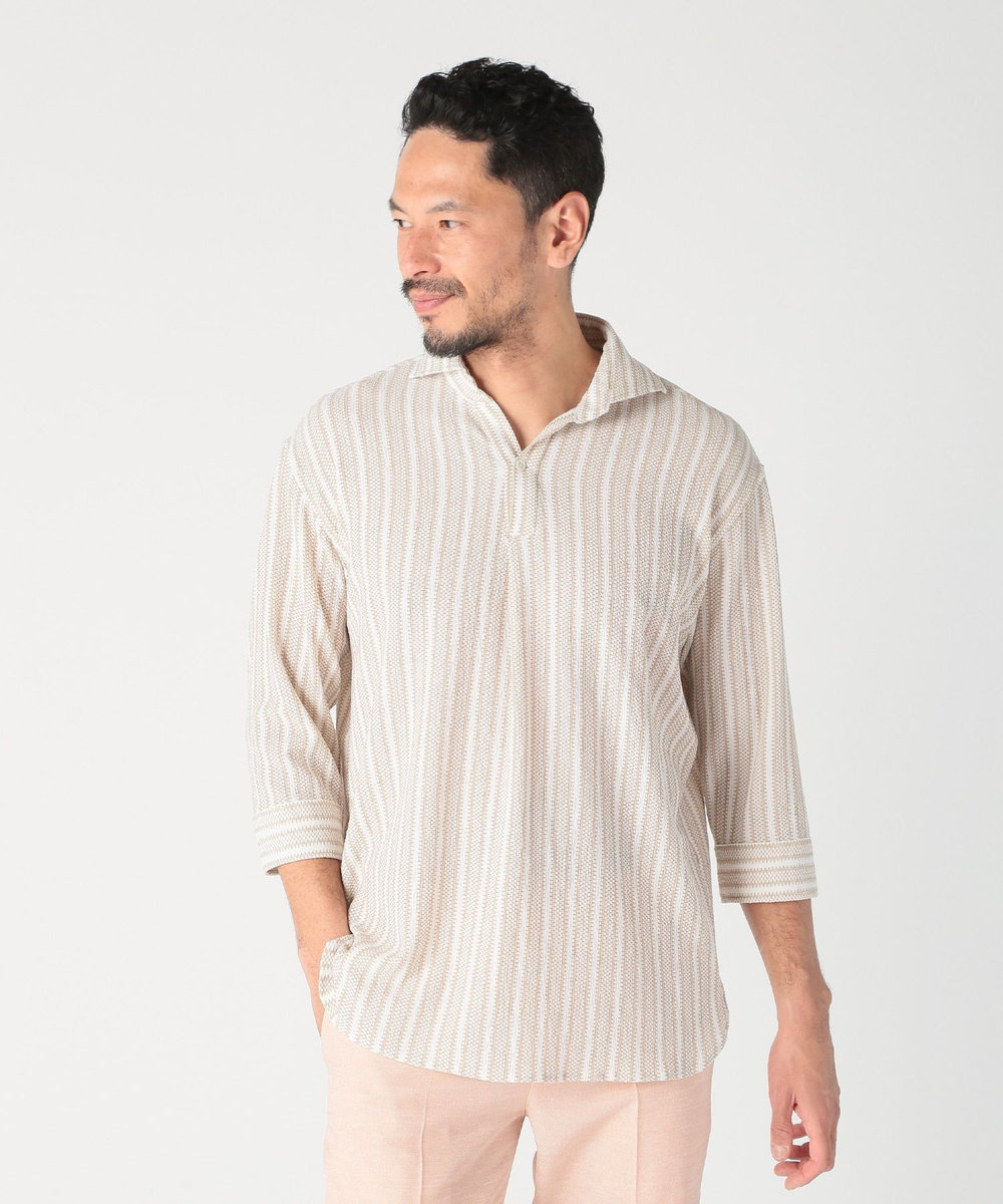 MEN'S BIGI ドビーストライププルオーバーシャツ ベージュ
