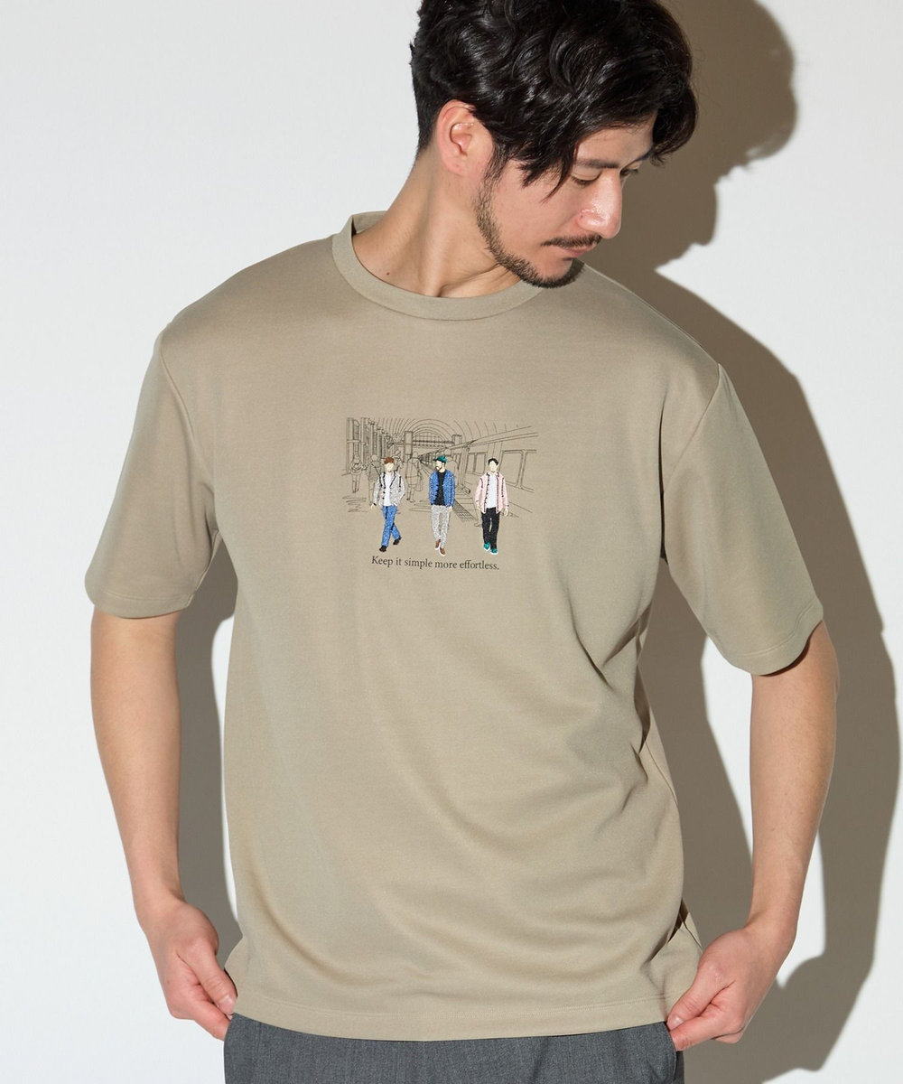 UNION STATION リサイクルポリエステル刺繍プリントTシャツ ベージュ