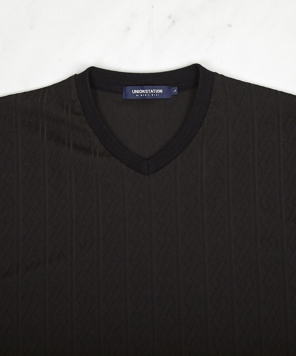 UNION STATION ストライプウェーブジャガード VネックTシャツ ブラック