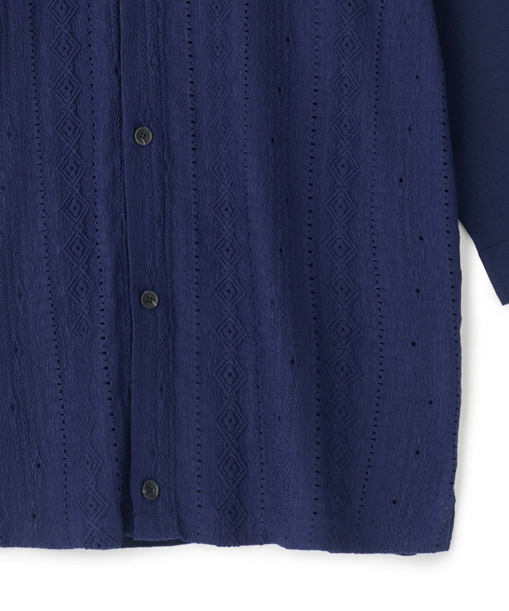 MEN'S BIGI トリコットジャカード 冷感七分袖サマーニット ネイビー