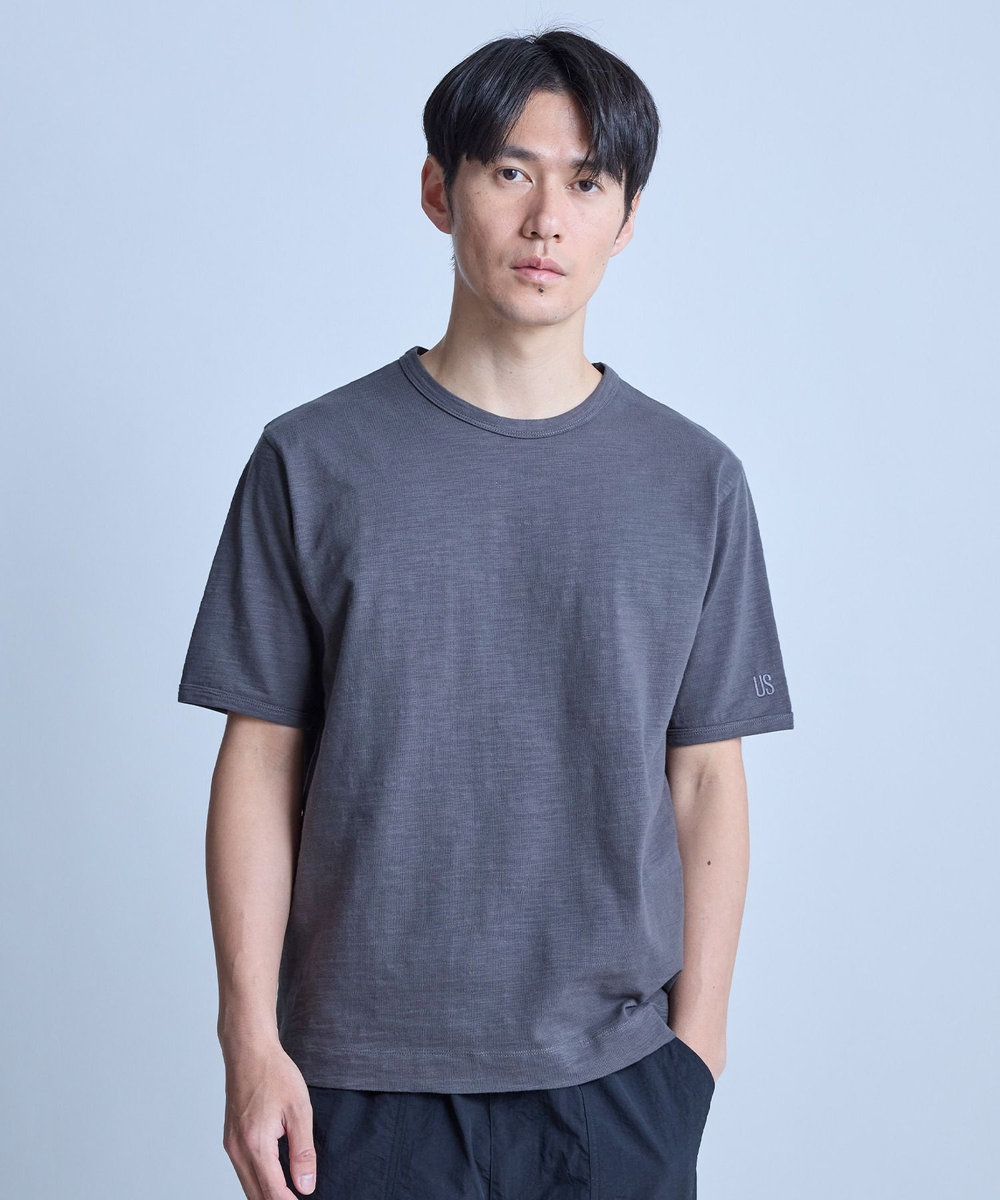 UNION STATION スラブ天竺袖刺繍Tシャツ チャコールグレー