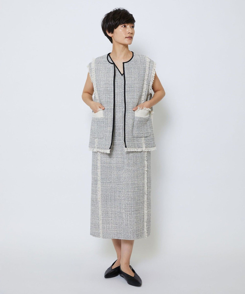 MOGA Collection MOGA Collection スパンコールツイードジップアップジレ ホワイト×ブラック