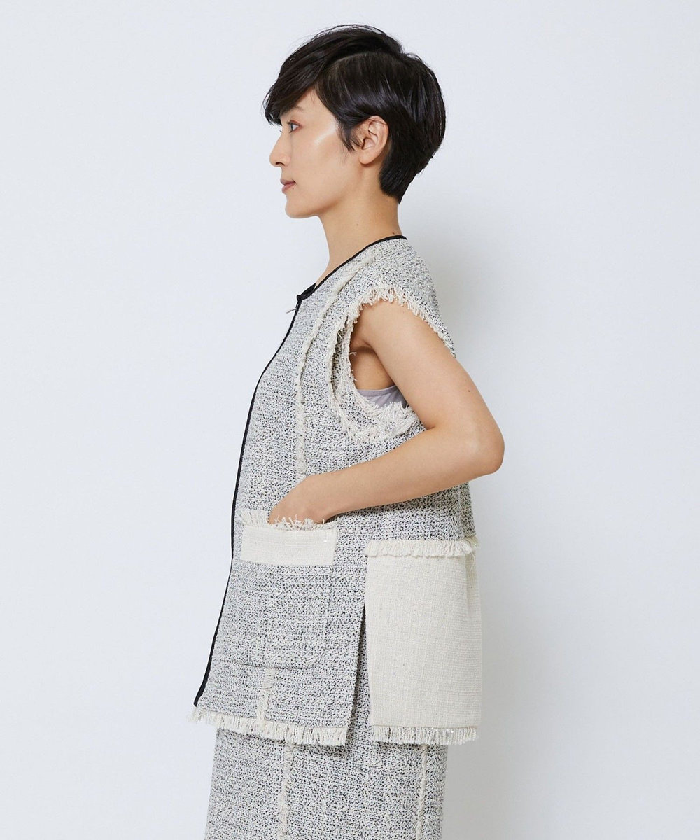 MOGA Collection MOGA Collection スパンコールツイードジップアップジレ ホワイト×ブラック