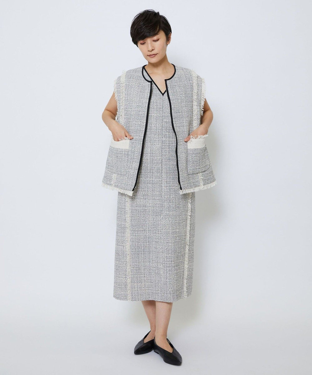 MOGA Collection MOGA Collection スパンコールツイードジップアップジレ ホワイト×ブラック