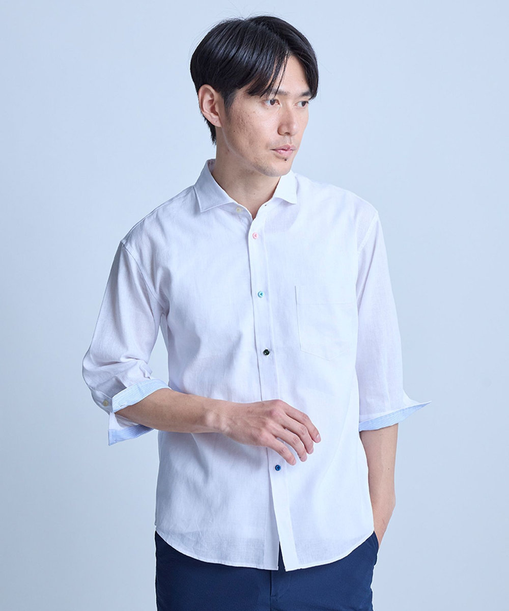 UNION STATION 【COOLMAX】フレンチリネン7分袖シャツ＜マシンウォッシャブル・通気性＞ ホワイト