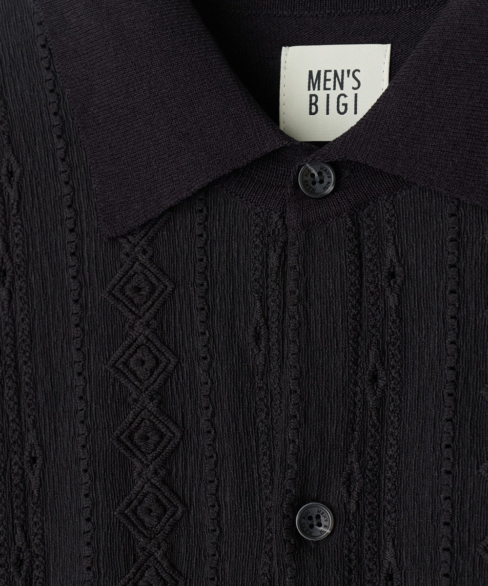 MEN'S BIGI トリコットジャカード 冷感七分袖サマーニット ブラック