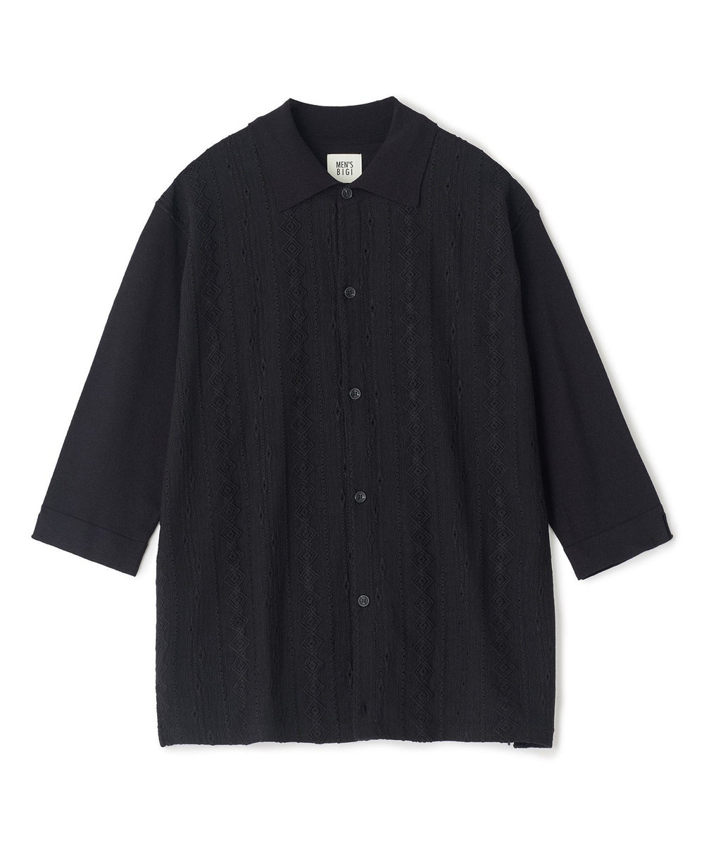 MEN'S BIGI トリコットジャカード 冷感七分袖サマーニット ブラック