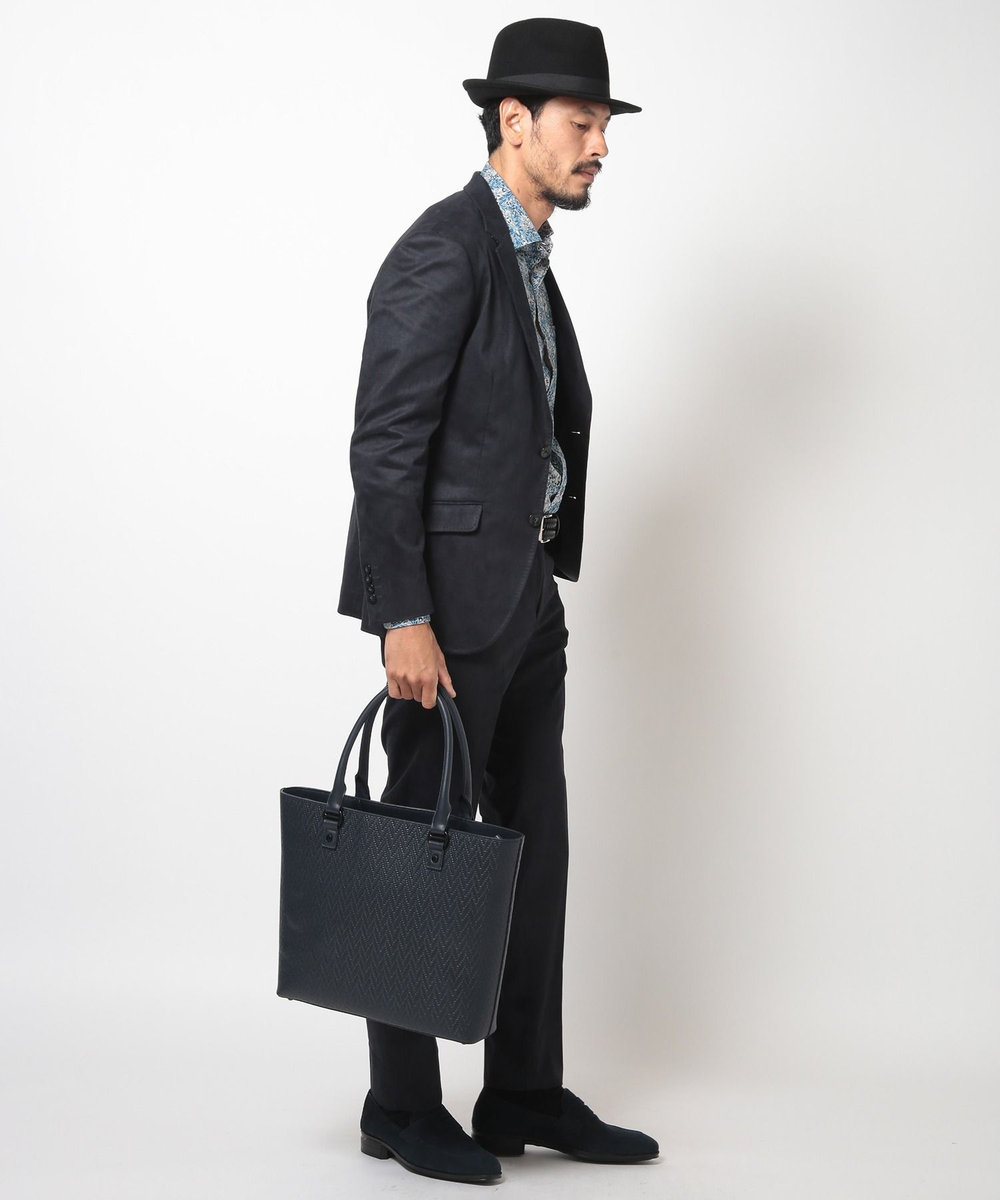MEN'S BIGI シュリンクレザーへリンボン型押しコンビトートバッグ ネイビー