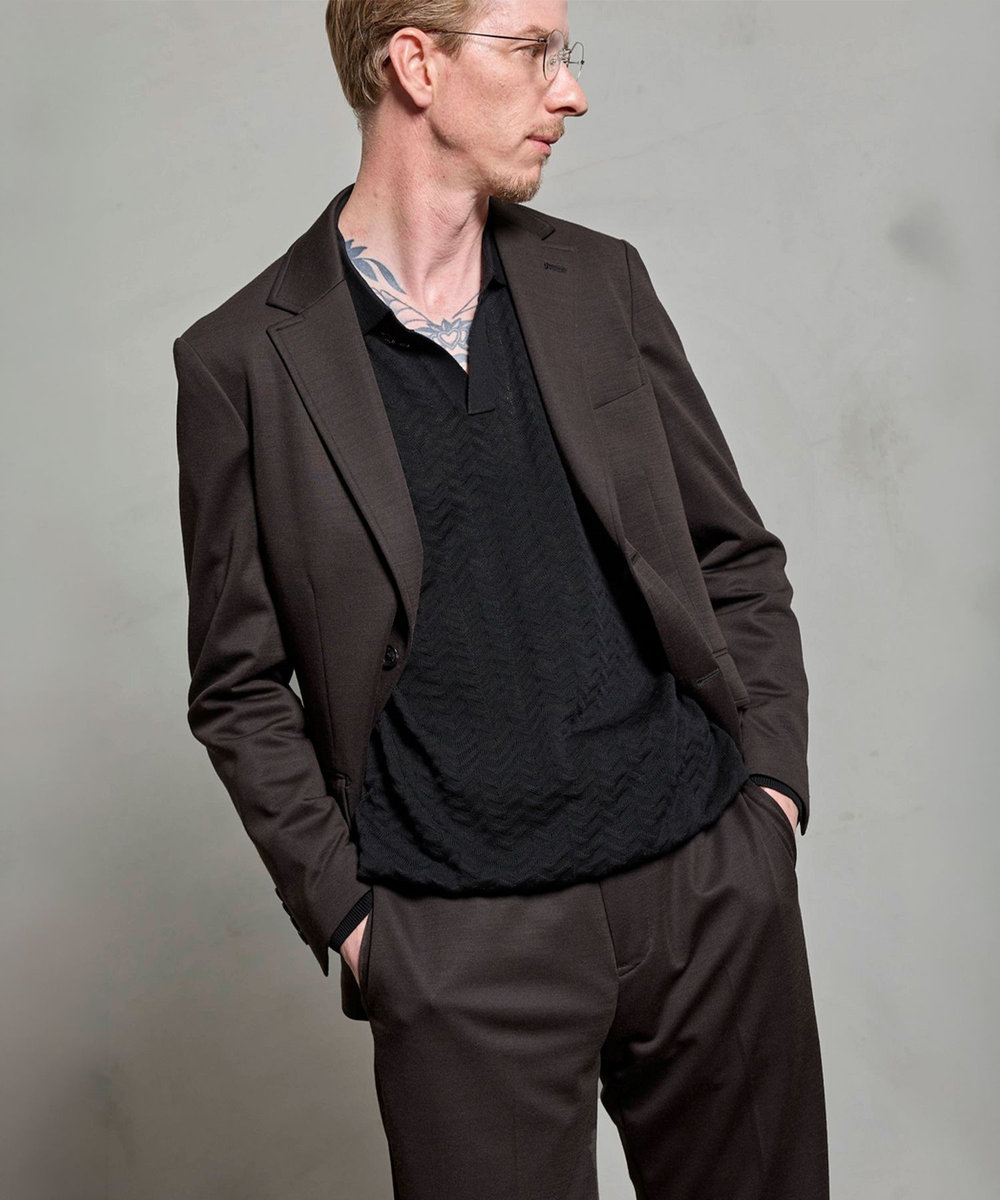 MEN'S BIGI 《別注》COLE HAAN 14G変形ヘリンボンジャカードニットスキッパーポロ ブラック