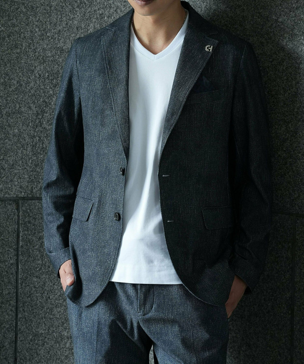 MEN'S BIGI 【COLE HAAN/コール ハーン】別注 トリコットメッシュデニムプリントジャケット＜吸水速乾/EASY CARE＞ ブルー