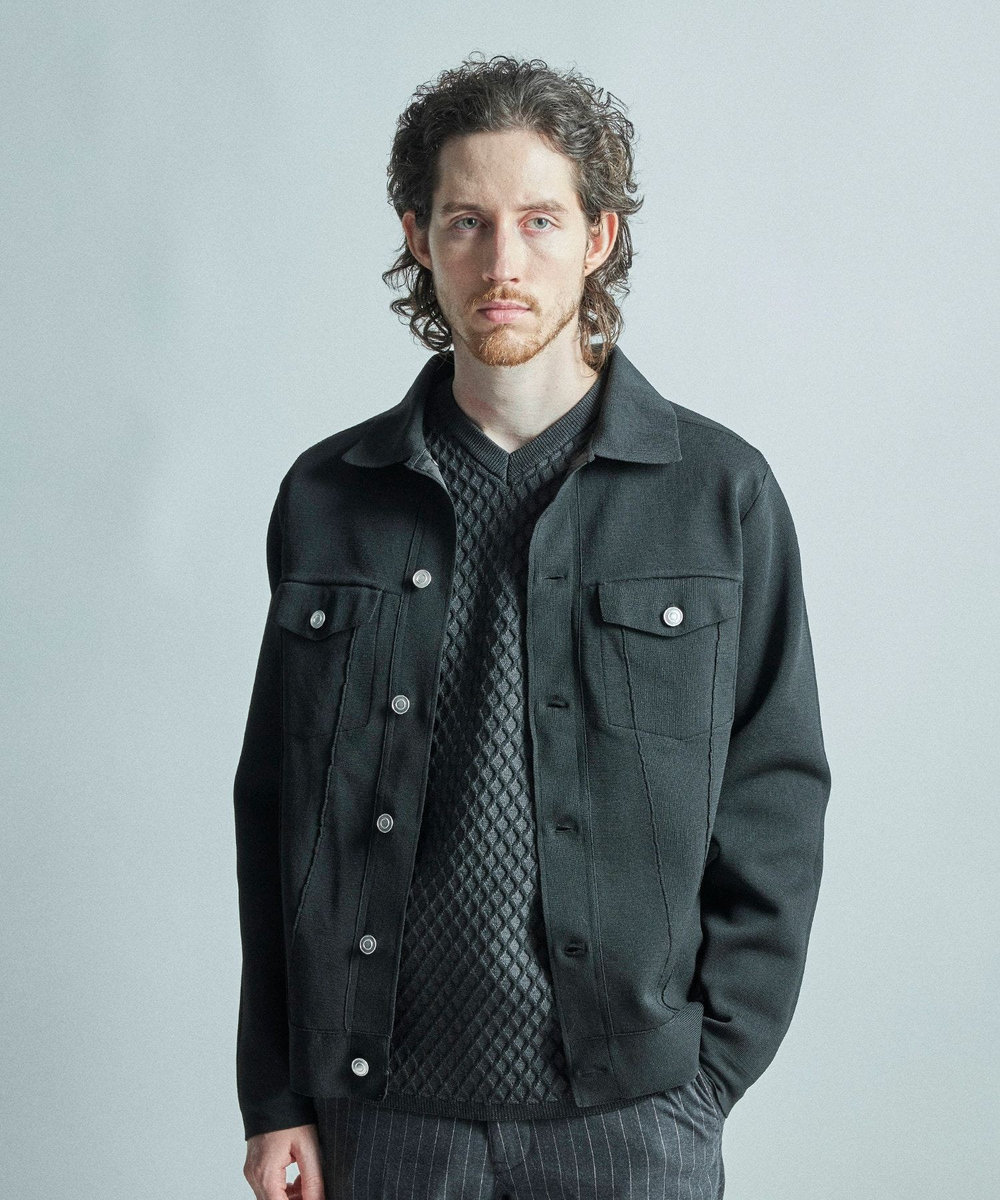 MEN'S BIGI デニムジャケット風ミラノリブニットアウター ブラック
