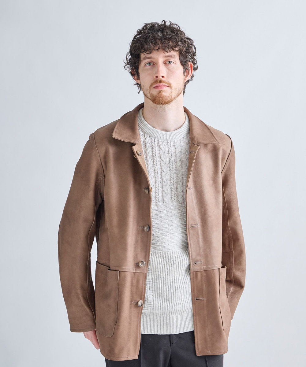 MEN'S BIGI カシミヤ混 パッチワーク風クルーネックニット オフホワイト
