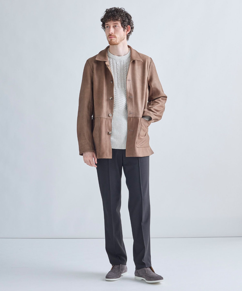 MEN'S BIGI カシミヤ混 パッチワーク風クルーネックニット オフホワイト