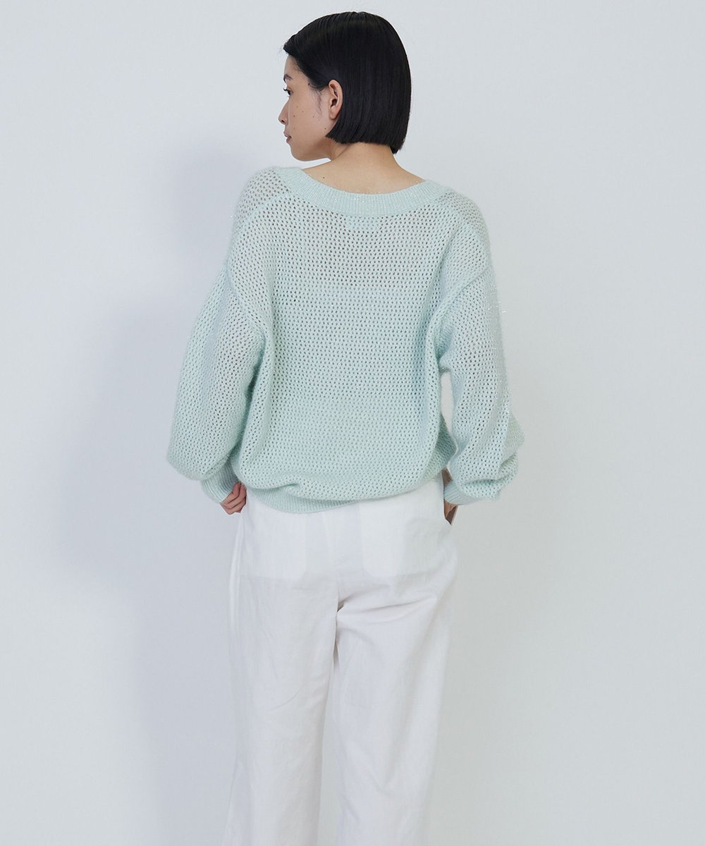 1er Arrondissement スパークルメッシュＶネックニットプルオーバー ミント