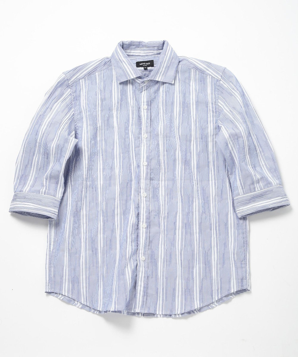 MEN'S BIGI 変形タックサッカーストライプ7分シャツ ブルー