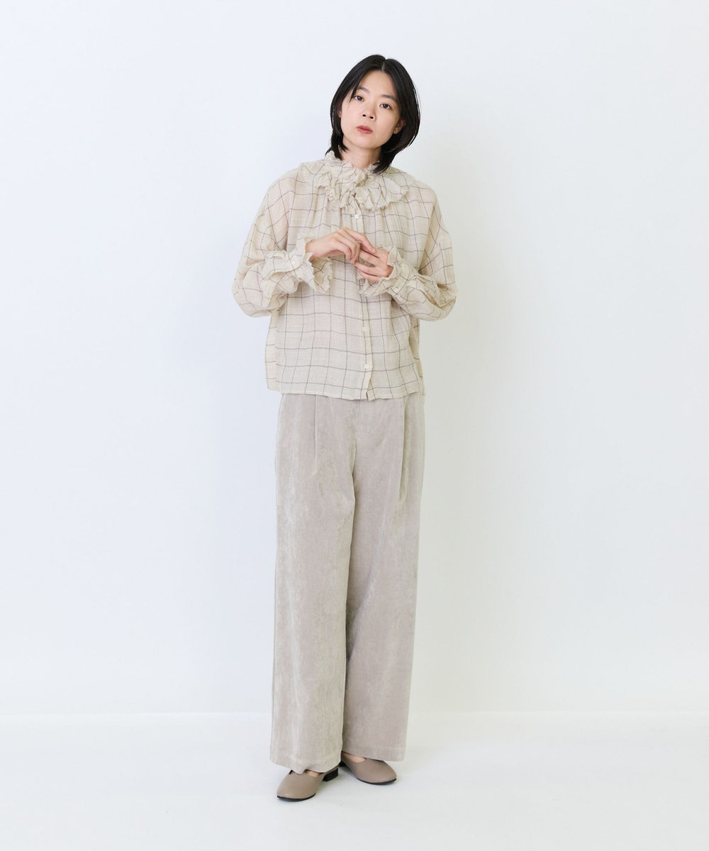 LOISIR ウールガーゼフリルカラーブラウス ベージュ