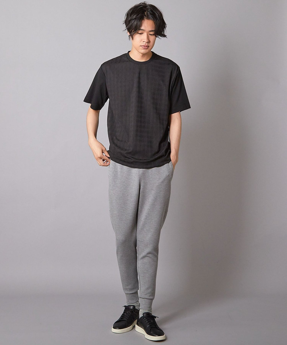 UNION STATION チェックジャガード×袖ポンチ 異素材Tシャツ ブラック