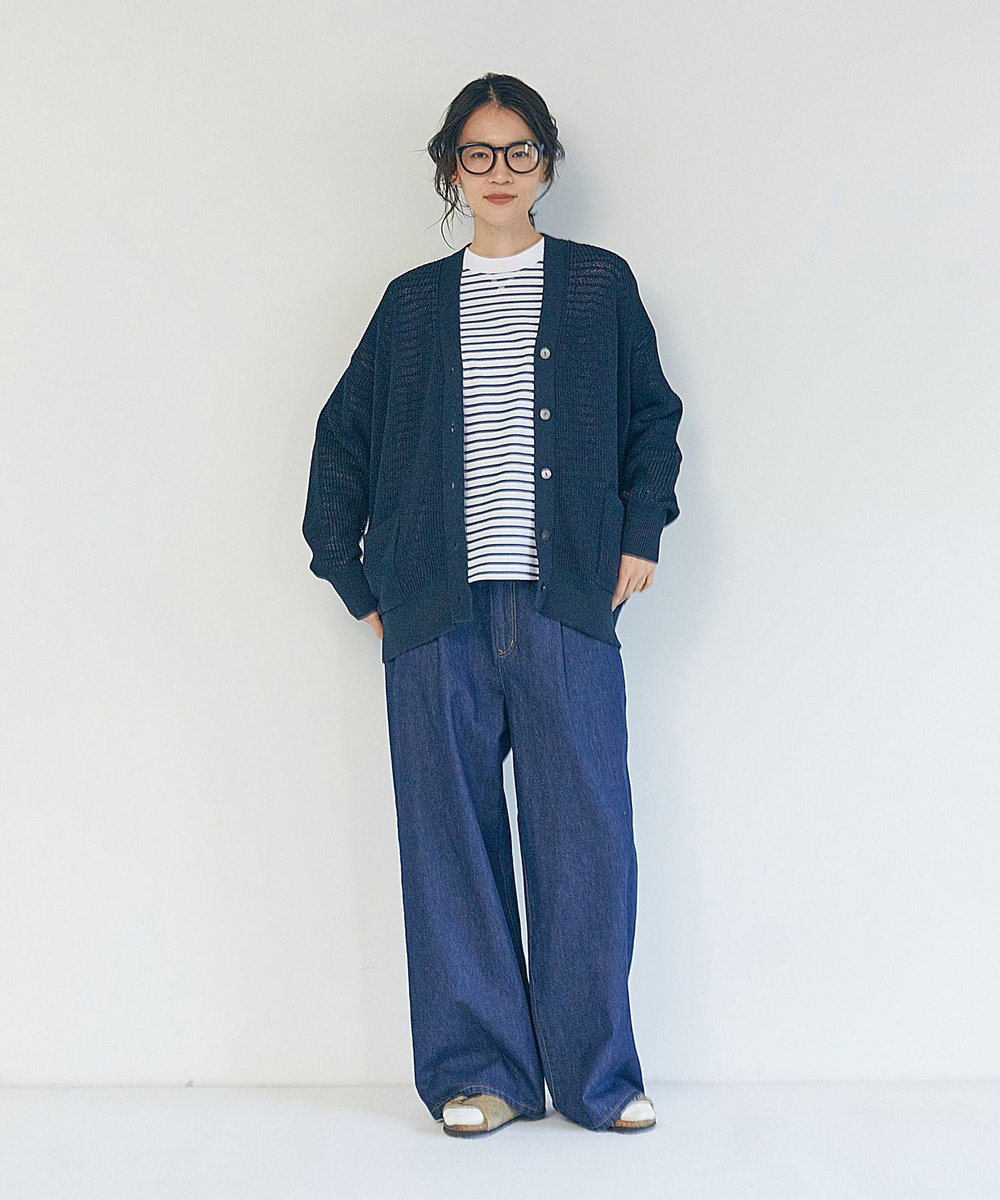 LOISIR エステル和紙片畦編みカーディガン ネイビー