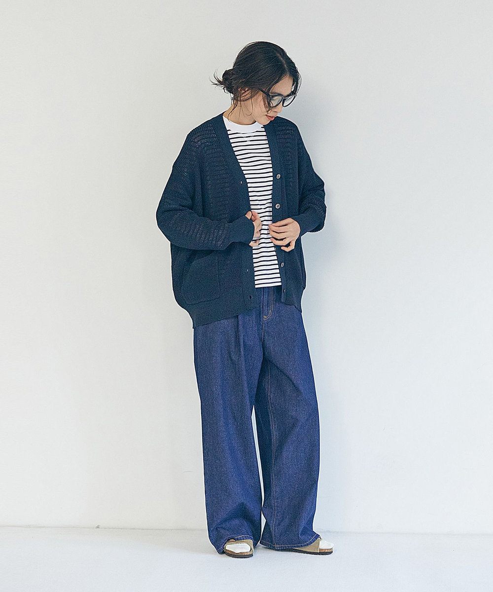 LOISIR エステル和紙片畦編みカーディガン ネイビー