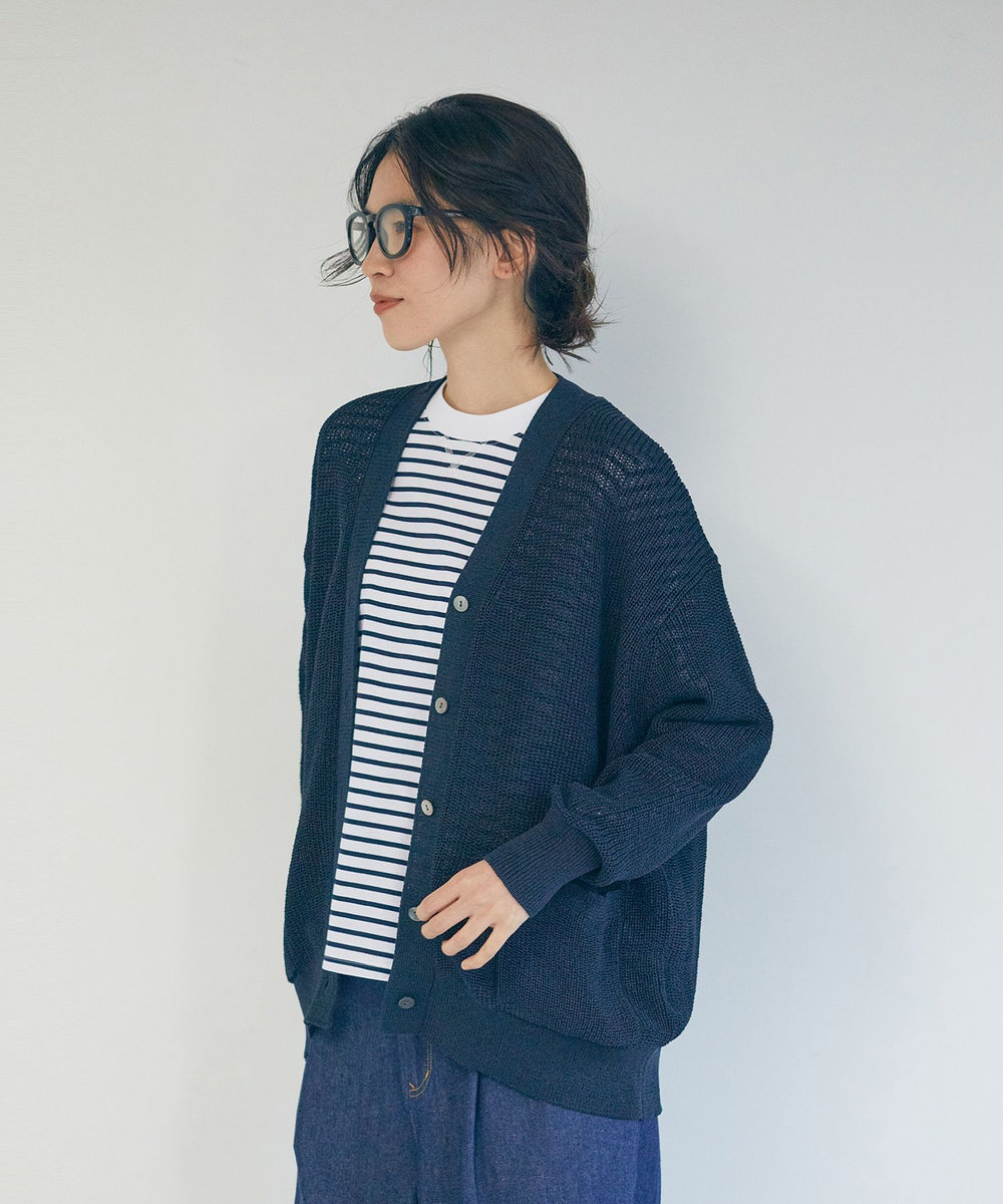 LOISIR エステル和紙片畦編みカーディガン ネイビー