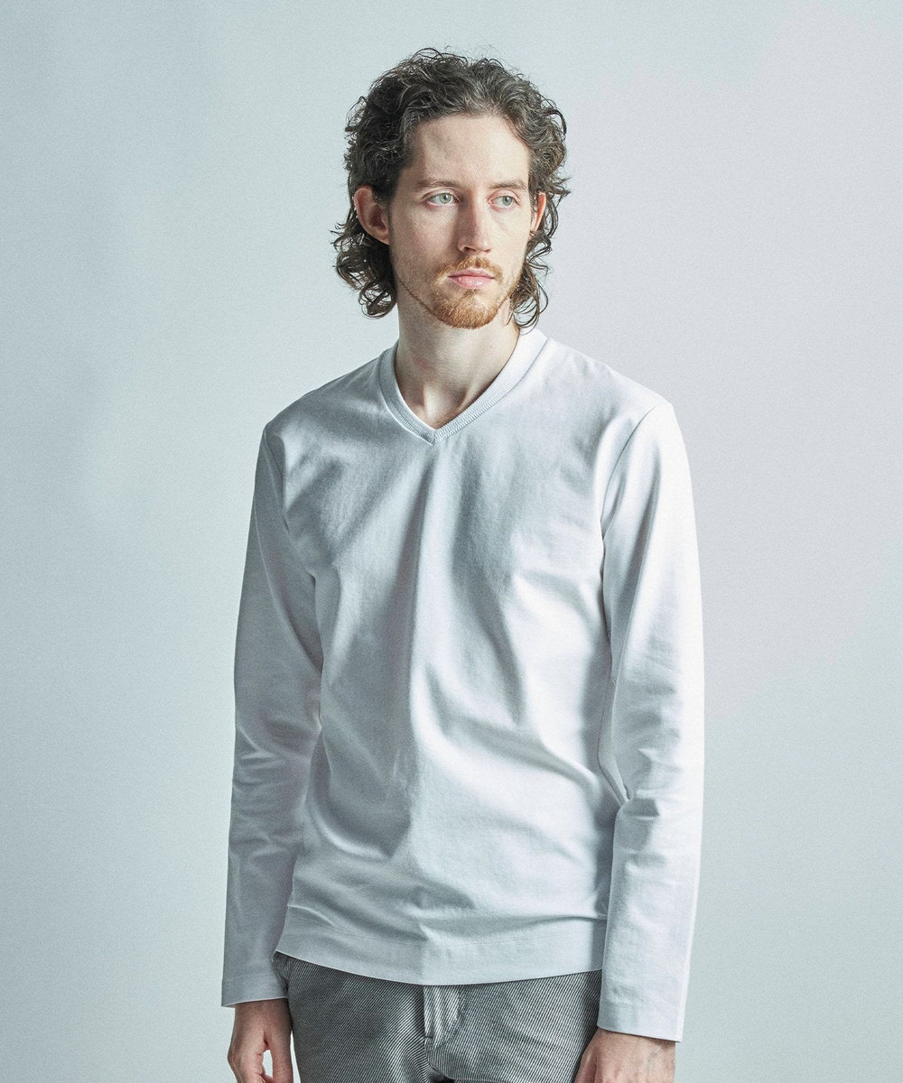 MEN'S BIGI 【ACTIVE TAILOR/アクティブテイラー】シルケットスムースVネック長袖Tシャツ ホワイト