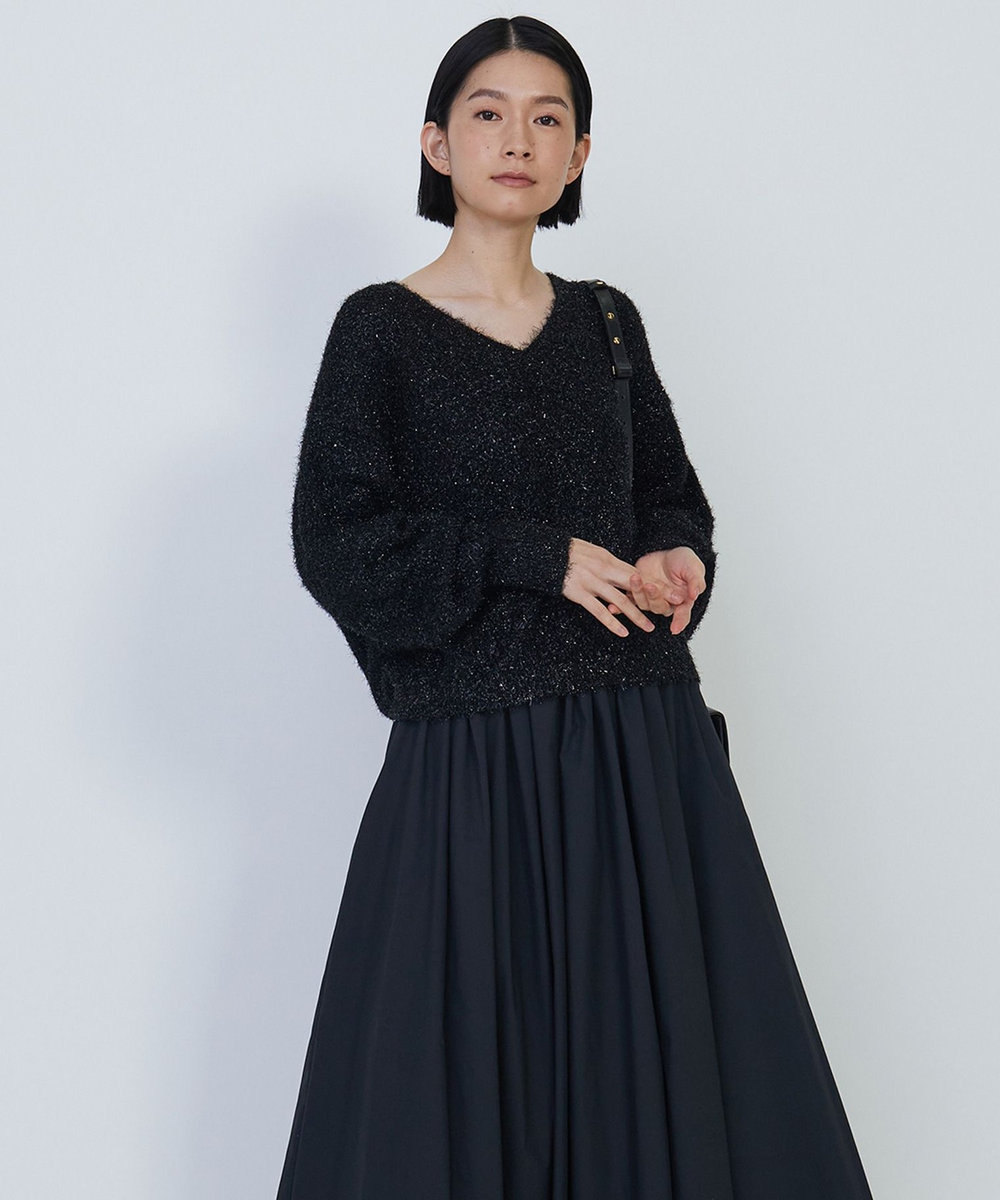 1er Arrondissement スパークルメッシュＶネックニットプルオーバー ブラック