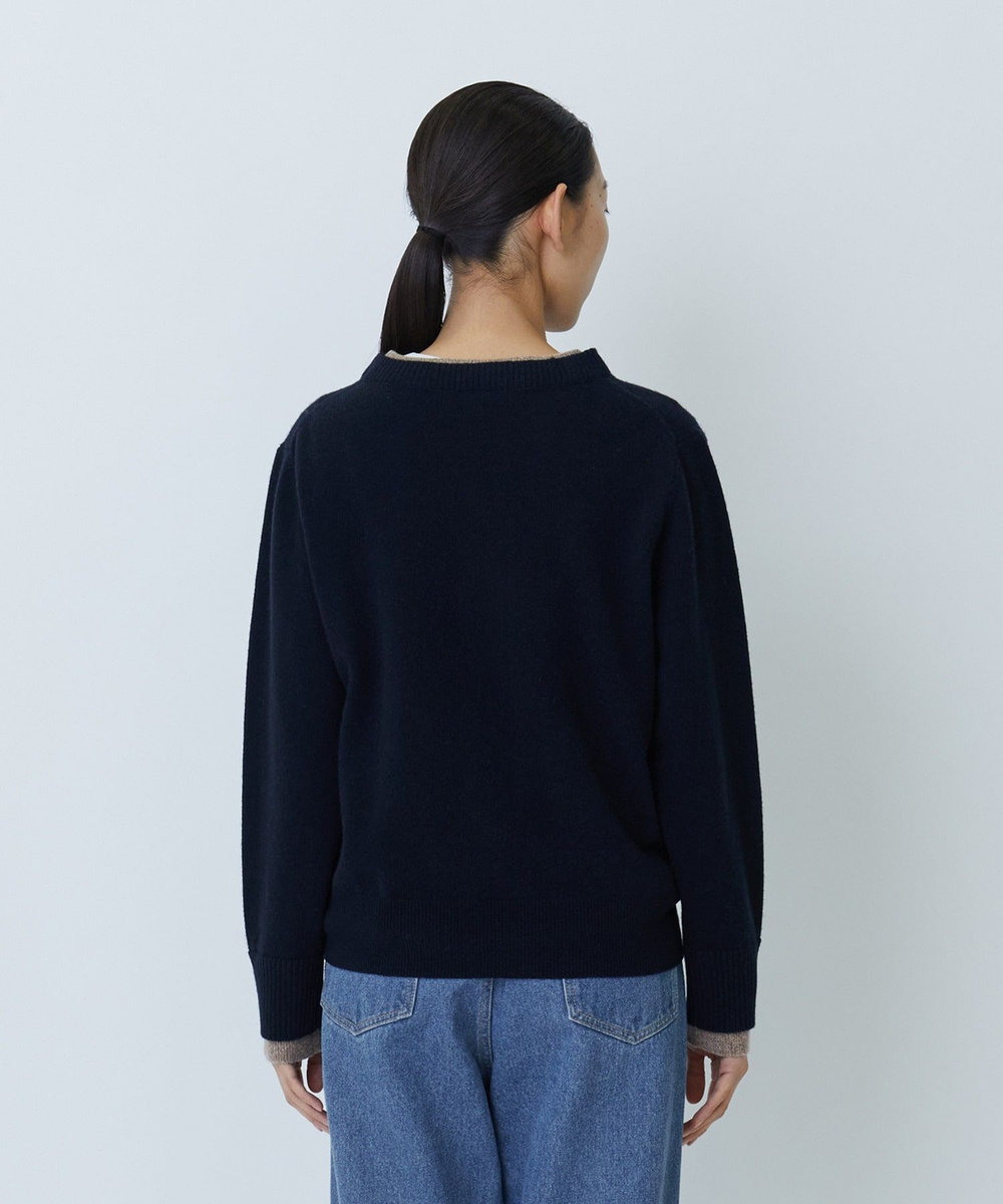 LOISIR カシミヤ混天竺配色ニット ネイビー
