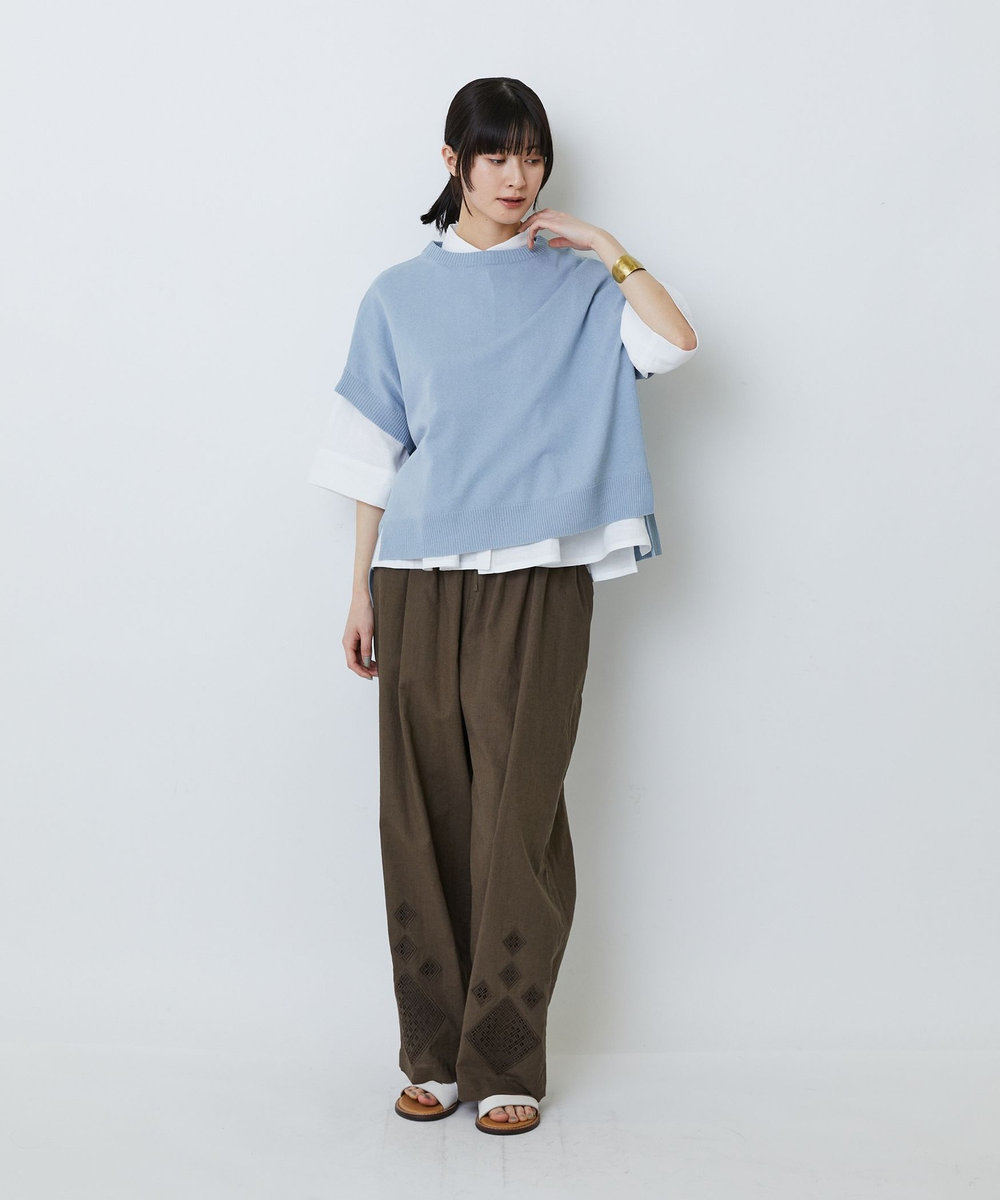 LOISIR コットンリネンクロス刺繍入りイージーパンツ カーキ